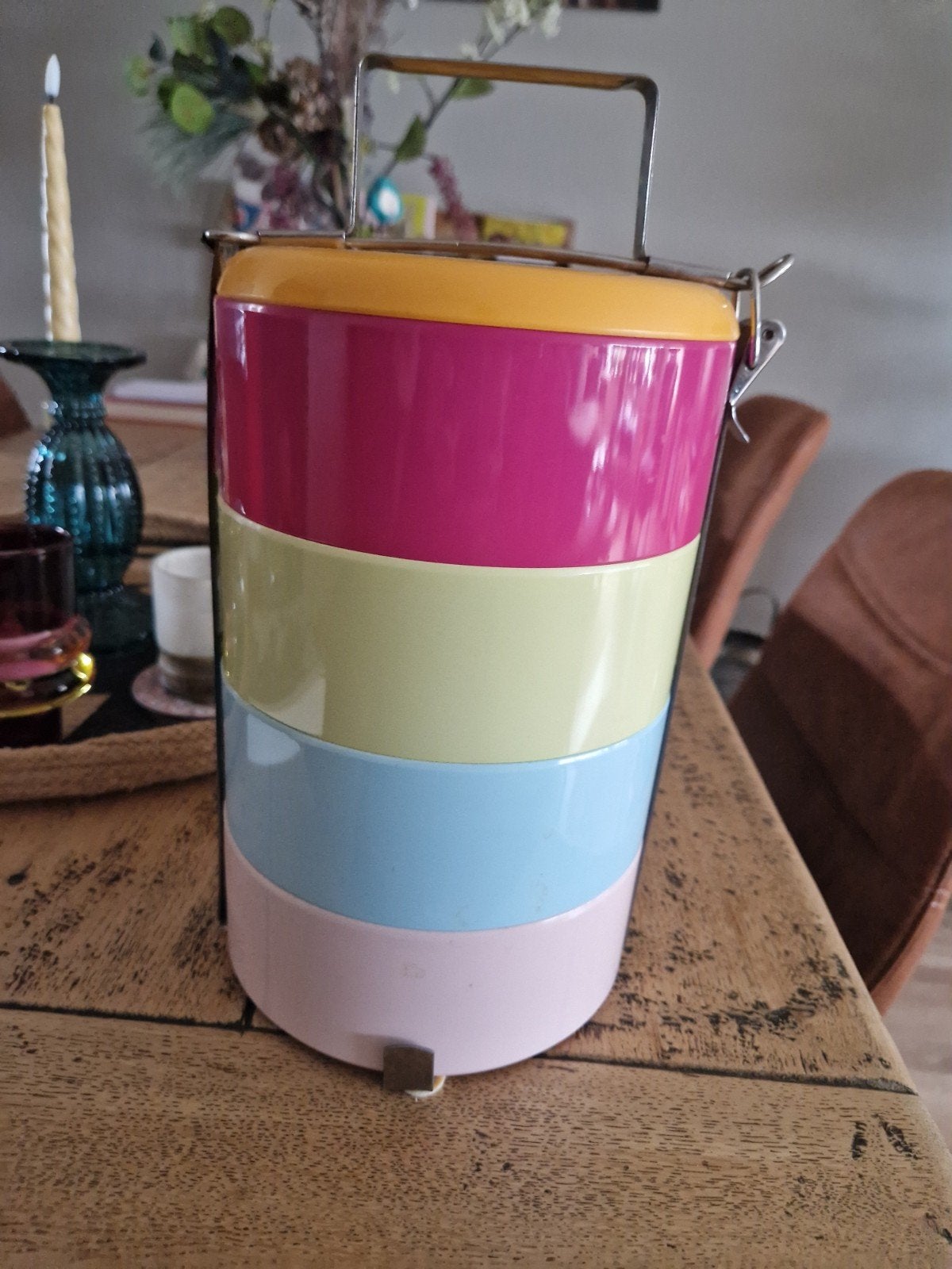 Vintage Tiffin Box - Kleurrijke Broodtrommel/Lunchbox, Ophalen, Kunststof, Zo goed als nieuw, Meerkleurig