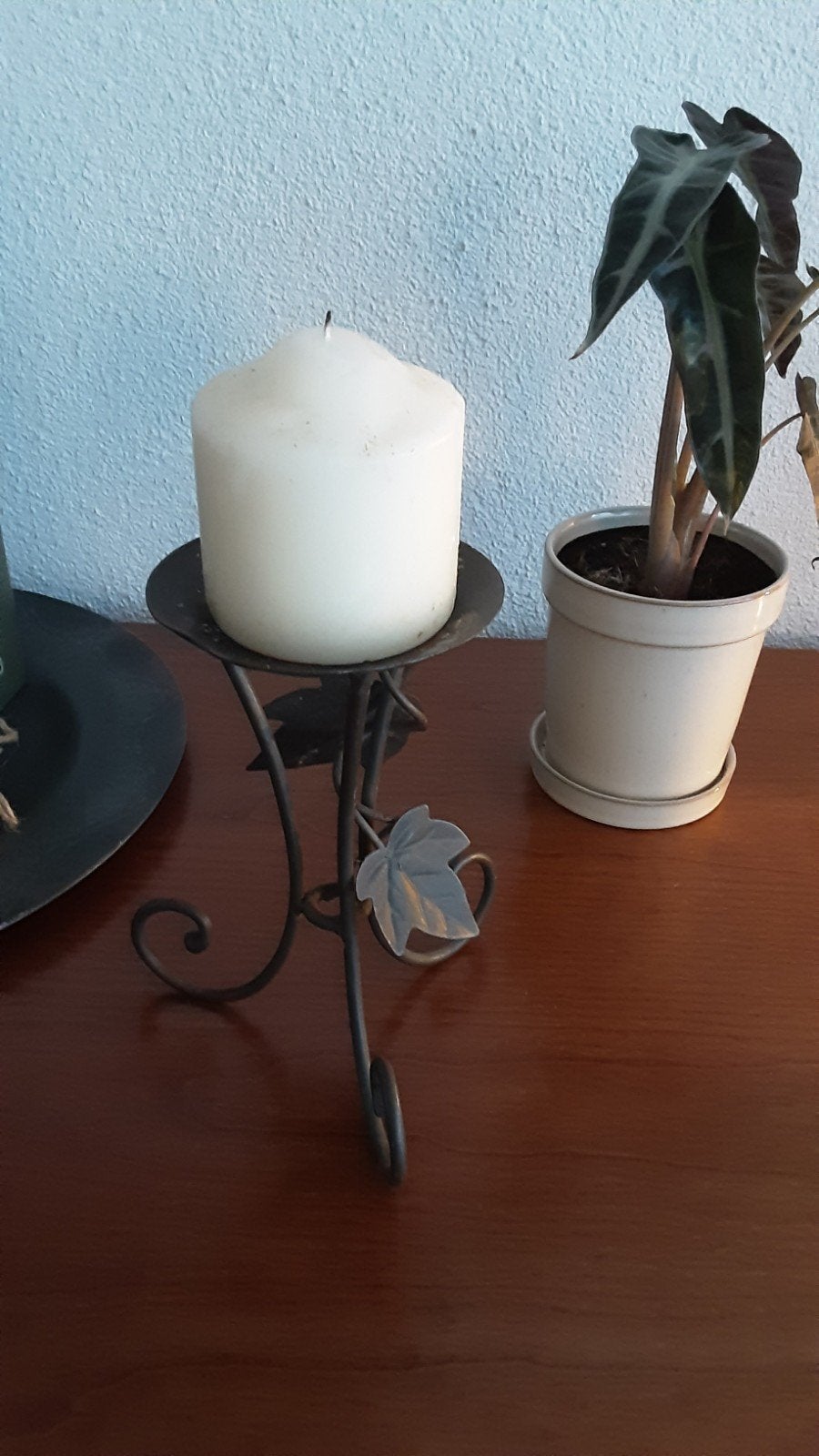 Metalen Kandelaar met Bladmotief - Gebruikt, Gebruikt, Zwart, Ophalen of Verzenden, Metaal