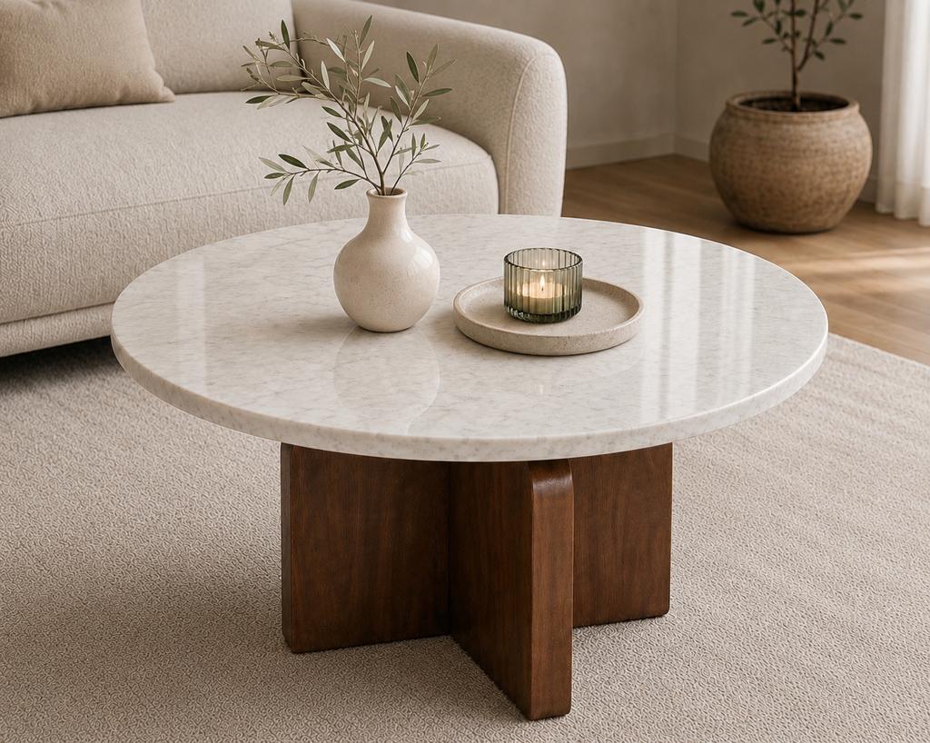 Luxe salontafel Ø90 cm marmeren blad & Walnootkleurige poot, 50 tot 100 cm, Rond, Nieuw, Minder dan 50 cm