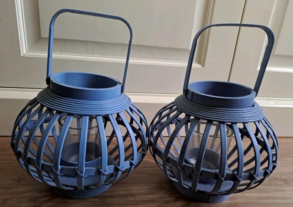 Set van 2 blauwe lantaarns met glazen houder, Overige materialen, Gebruikt, Blauw, Ophalen of Verzenden
