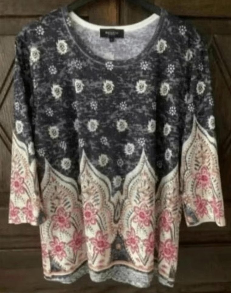 Blauwe top bloemen pailletjes - details; L; BEXLEYS' WOMAN, Kleding | Dames, Blauw, Maat 42/44 (L), Ophalen of Verzenden, Zo goed als nieuw