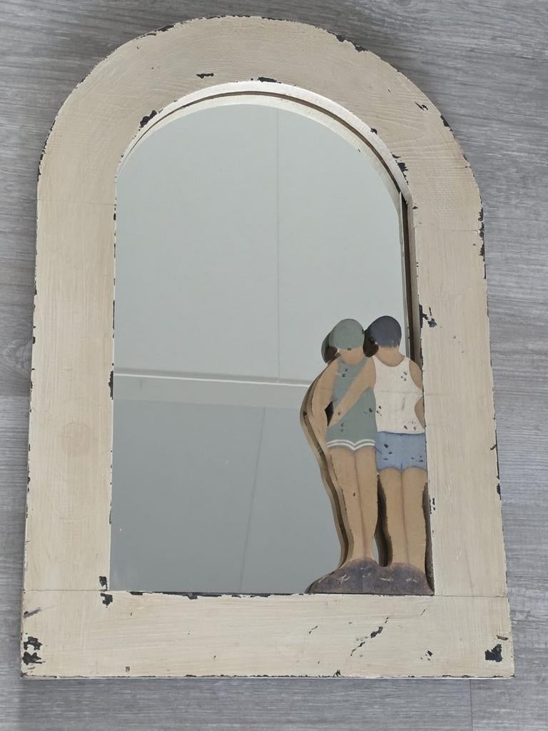 Vintage spiegel met houten frame en bad figuren meander, Ophalen, Rechthoekig