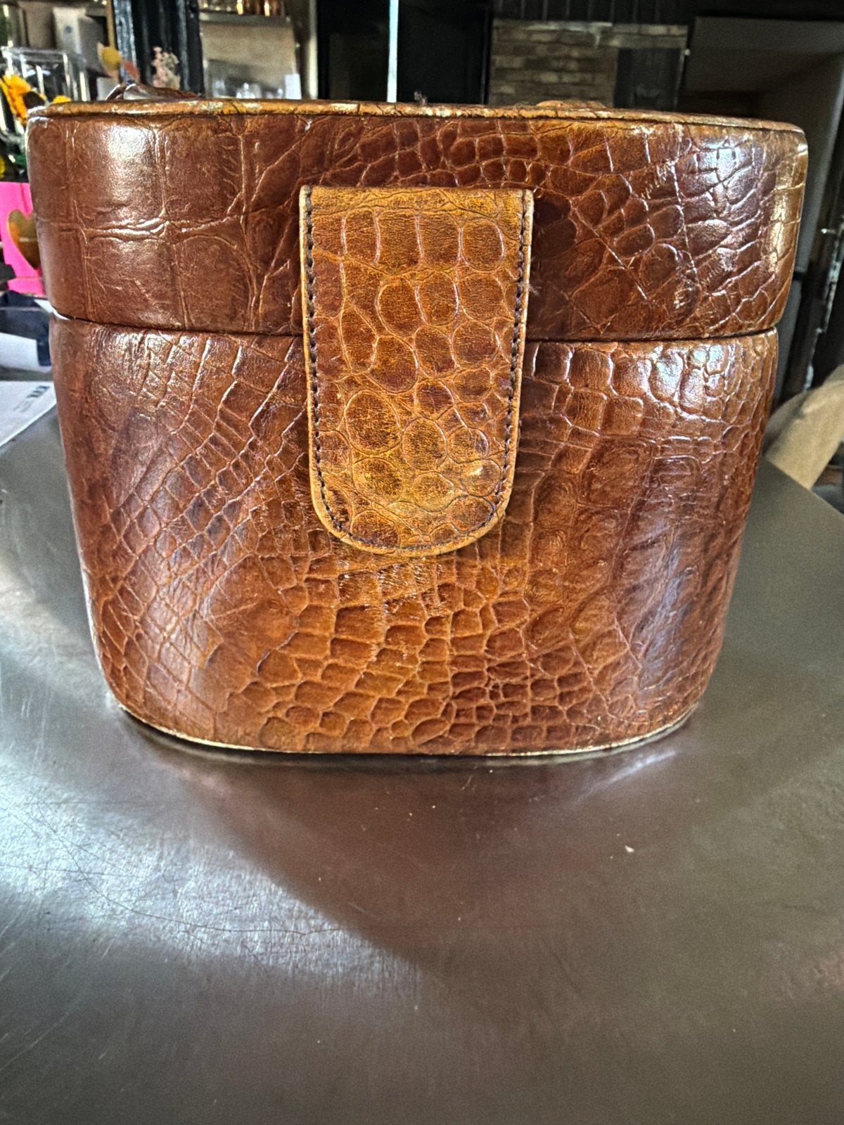 Vintage bruine make-up koffer met krokodillenprint, Sieraden, Tassen en Uiterlijk, Beautycases, Gebruikt, Bruin, Ophalen of Verzenden