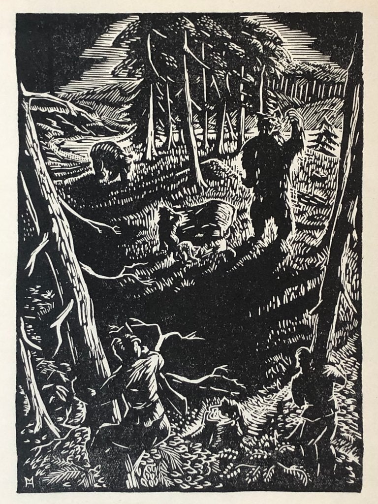 Henk Munnik (1912–1997) Houtsnede 'Beer verjaagt houthakkers, Ophalen of Verzenden