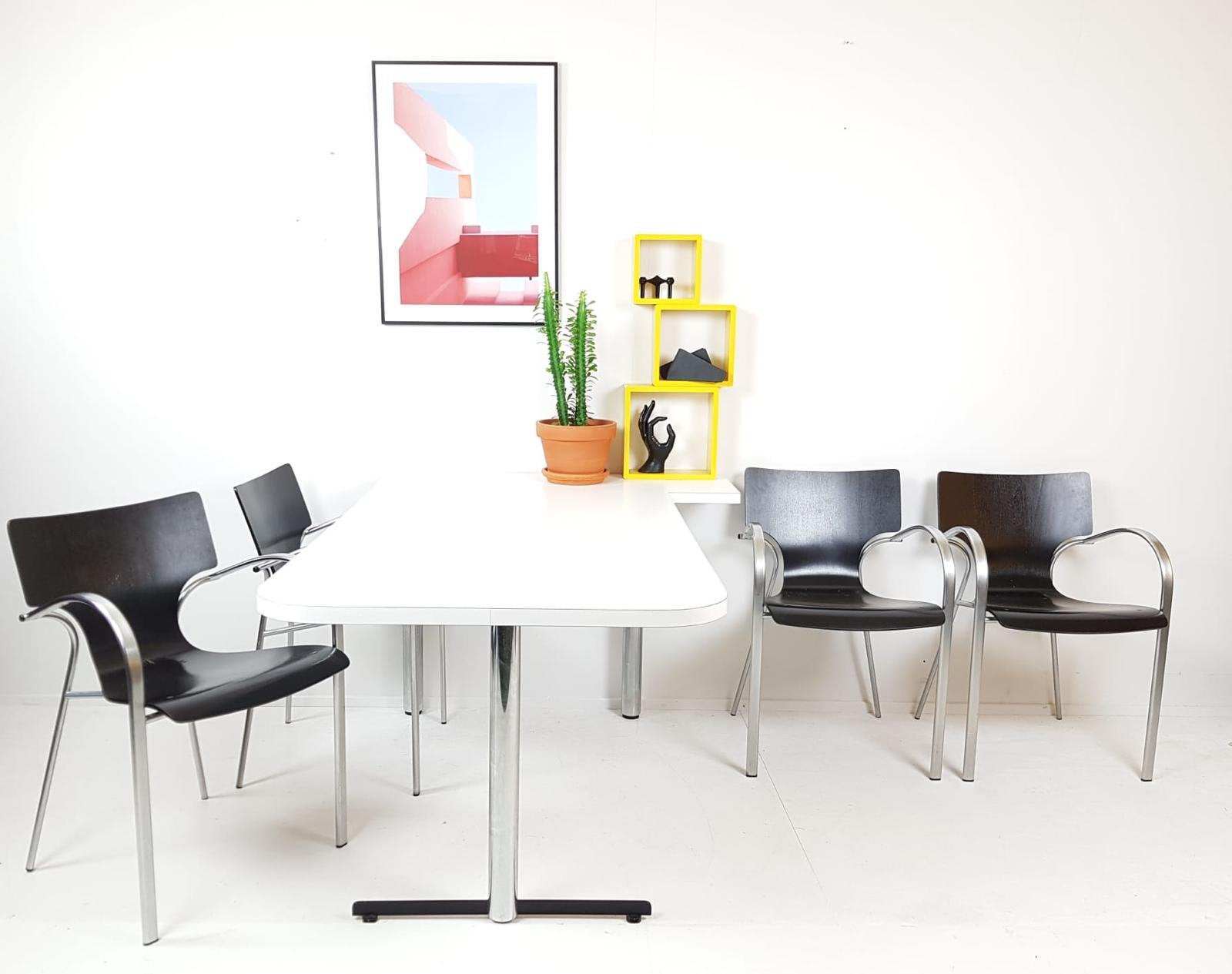 Vintage eettafel met stoelen SETPRIJS | witte tafel chroom, ., Zwart, Vintage, Ophalen of Verzenden