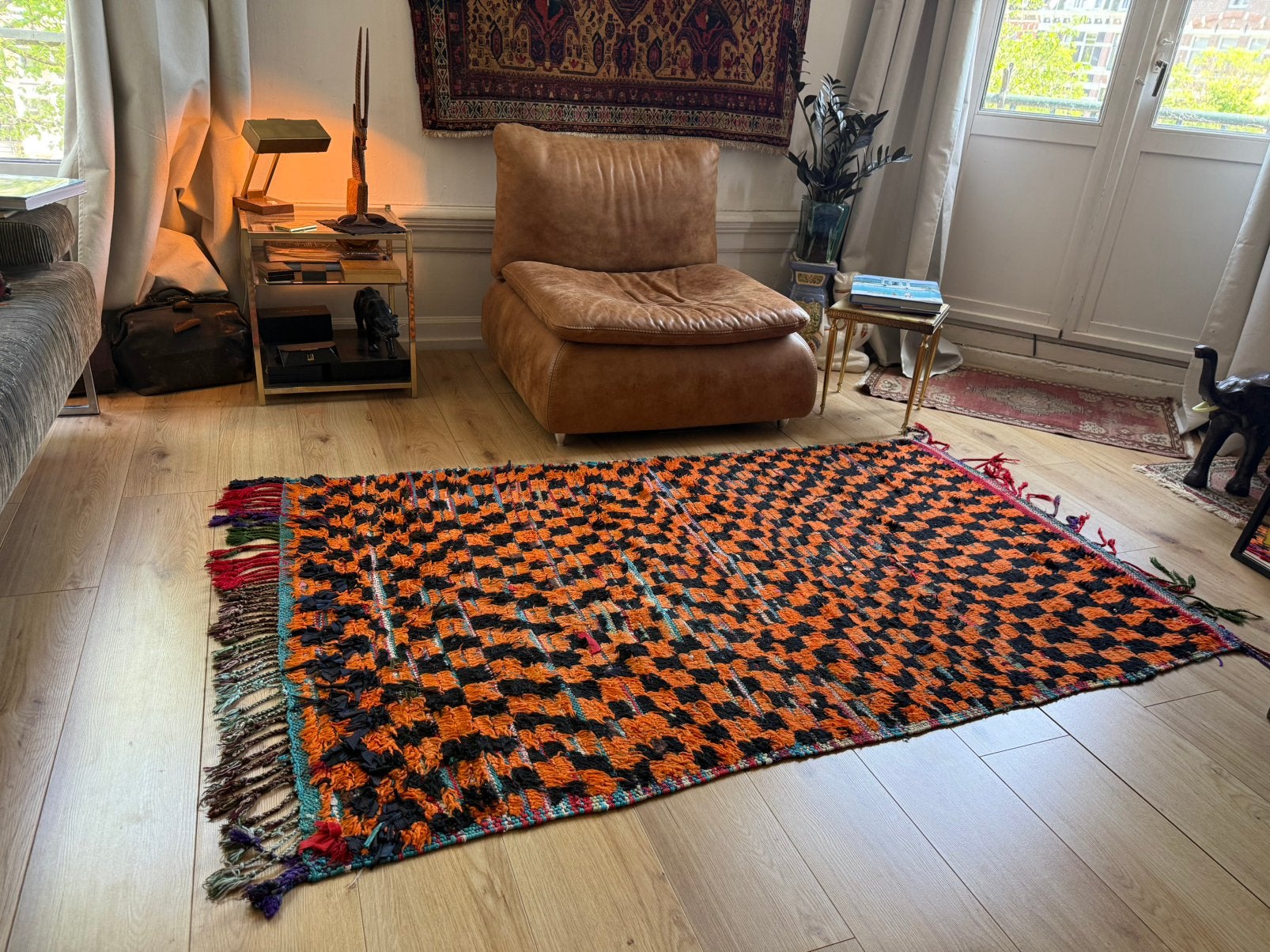 Vintage Marokkaans Boucherouite Tapijt  211 x 120 cm, Jacob van Lennepkade 42-2 1053ML,  Amsterdam, Gebruikt, 100 tot 150 cm, Info@bababoho.com