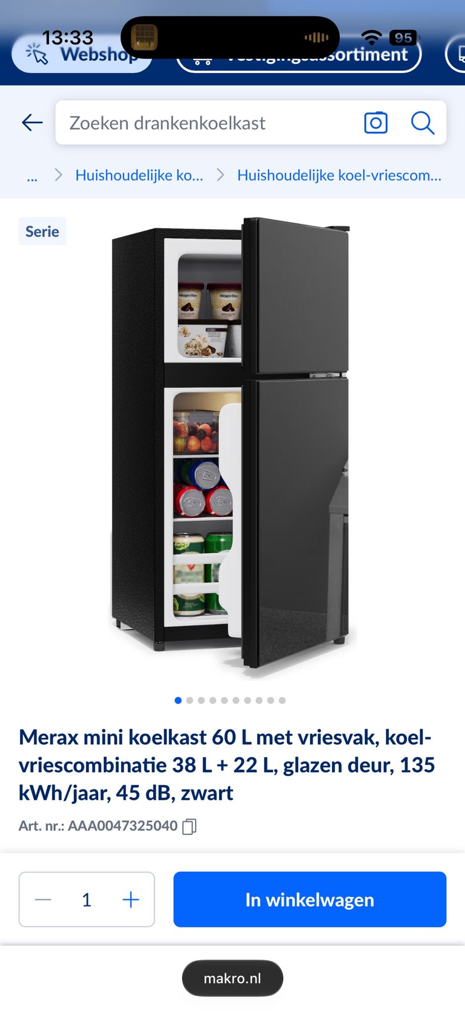 Merax mini koelkast 60L met vriesvak, zwart, glazen deur, 75 tot 100 liter, Nieuw, 45 tot 60 cm, Met vriesvak
