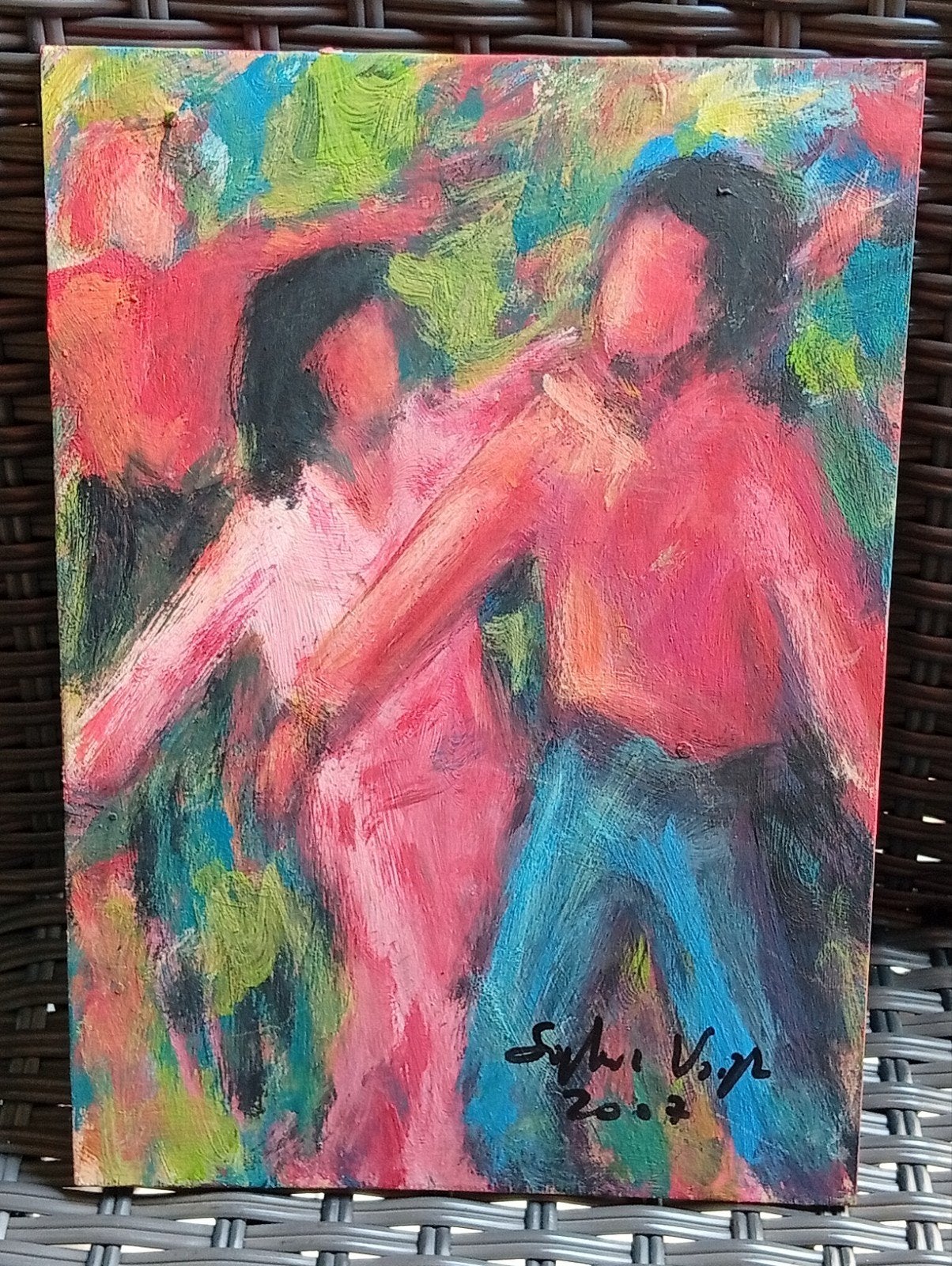 Levendig modern schilderij:  figuren in felle kleuren, Antiek en Kunst, Figuren, Hout, Gesigneerd, Ophalen of Verzenden