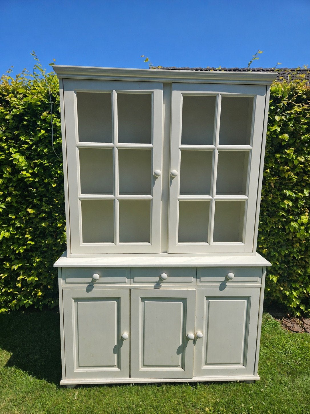 Crème wit dressoir met vitrinekast, buffetkast, Huis en Inrichting, Ophalen, Gebruikt, 100 tot 150 cm, Landelijke stijl