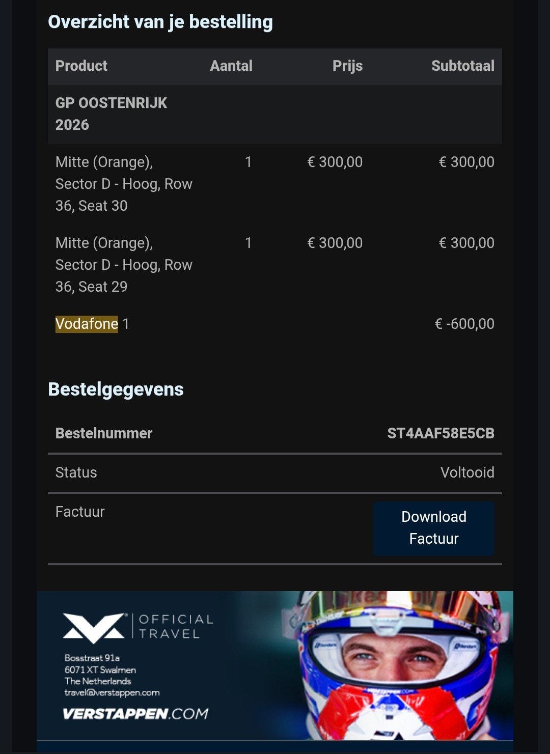 2 kaartjes Formule 1 Oostenrijk 2026 Max  Verstappen, Twee personen