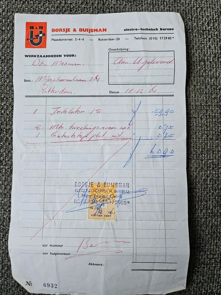 Oude rekening met fiscale zegel, Ophalen of Verzenden, 1950 tot 1970, Overige typen