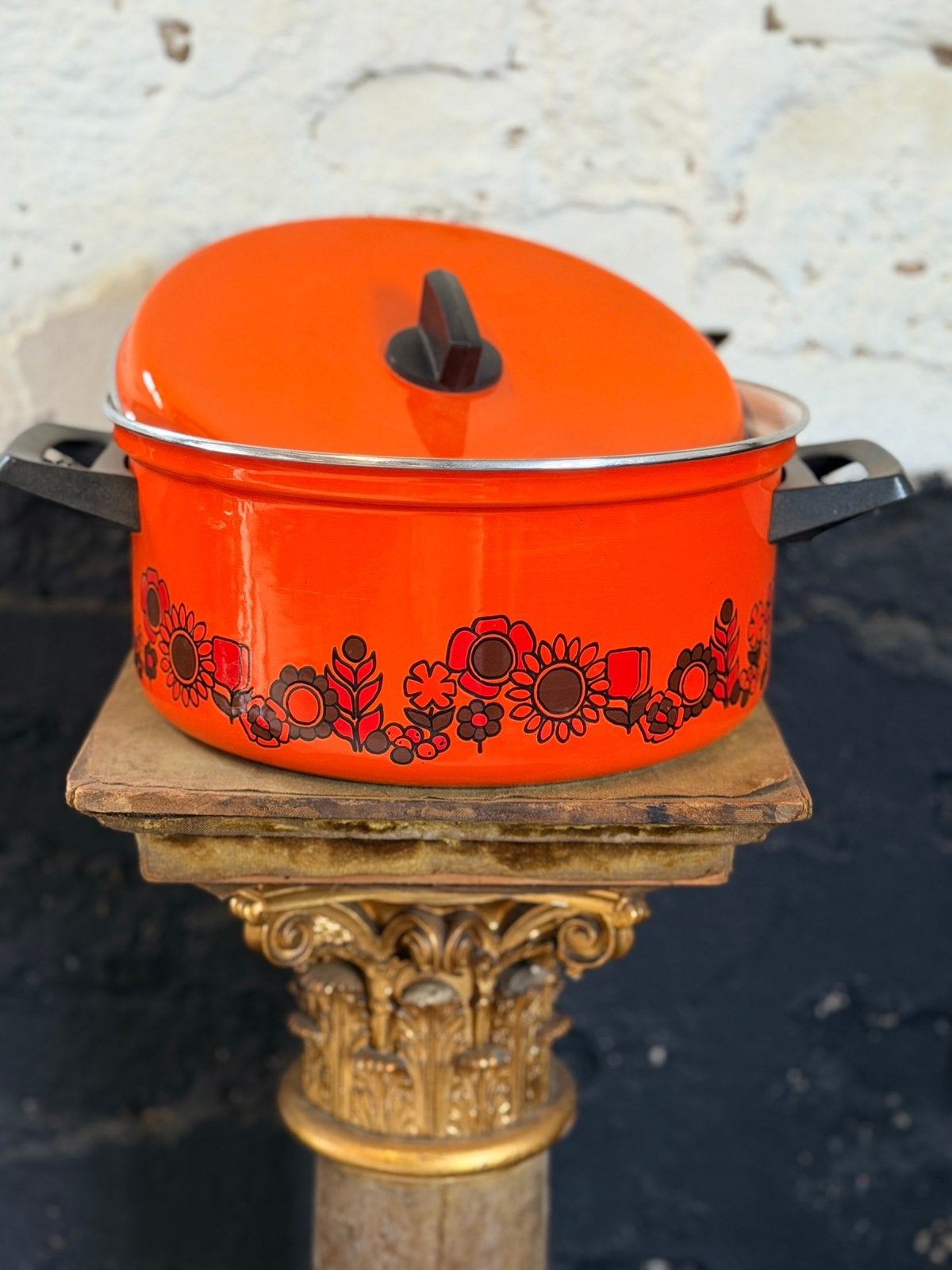 Grote vintage 70’smoranje Brabantia pan bloemen Diane motief, Ophalen of Verzenden