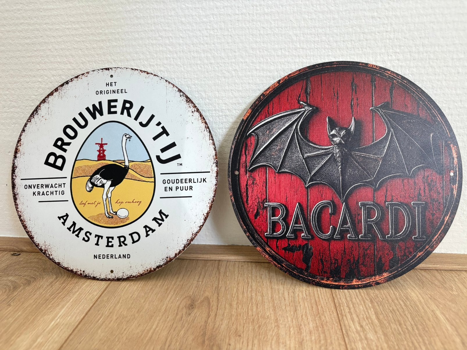 Prachtige vintage reclameborden Brouwerij ‘t IJ en Bacardi, Ophalen of Verzenden, Zo goed als nieuw, Reclamebord