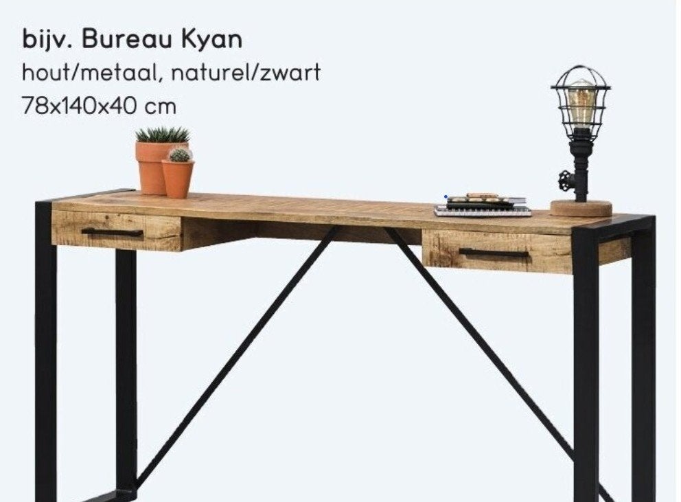 Leenbakker Bureau Kyan Zwart/Naturel Mangohout 140x40x78 cm, Huis en Inrichting, Bureaus, Ophalen, Zo goed als nieuw