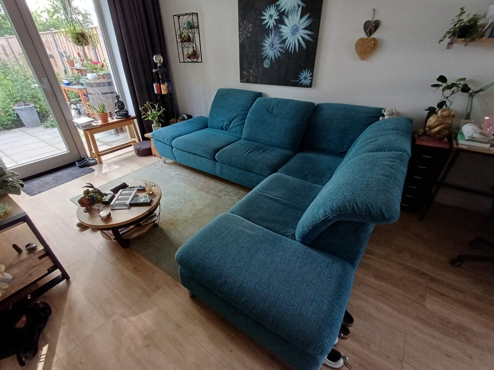 Comfortabele petrol hoekbank met verstelbare rugleuningen, Huis en Inrichting, Ophalen, 250 tot 300 cm, Gebruikt, 100 tot 125 cm