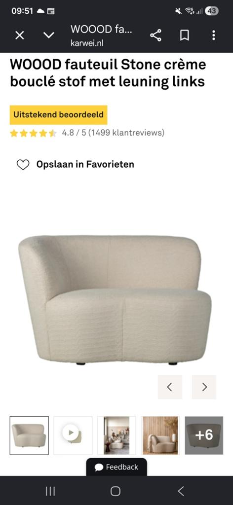 WOOOD Fauteuil Stone crème bouclé stof met leuning links, Ophalen of Verzenden