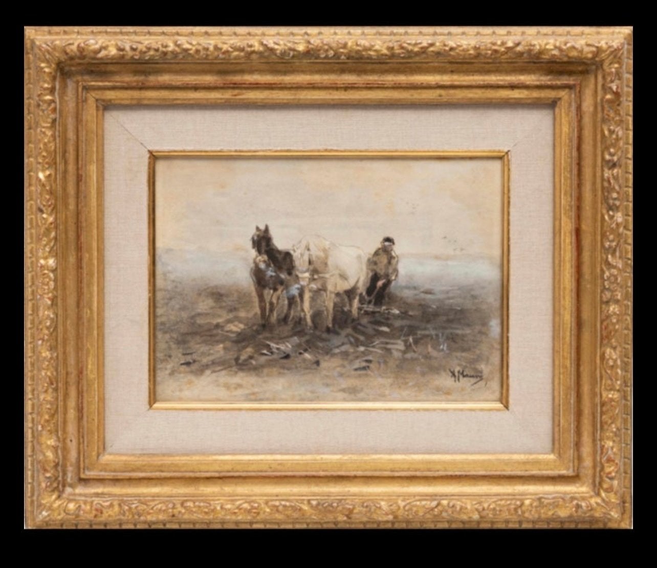 Anton Mauve - aquarel Ploegende boer met paarden (ca. 1870), Paneel, Impressionistisch, Ophalen of Verzenden, Gesigneerd