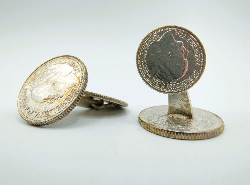 Zilveren manchetknopen gemaakt van 10 en 25 cent, Wilhelmina, Antiek en Kunst, Verzenden, Zilver