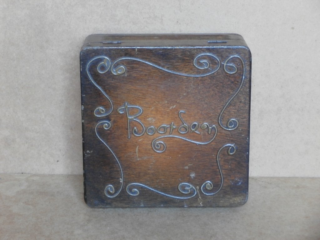 Antiek hout kistje hals Boorden ingelegd koperen deco '20/30, Ophalen of Verzenden