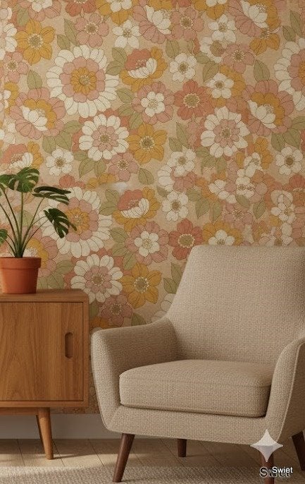 14291 retro bloemen behang oranje roze groen swiet, Huis en Inrichting, Stoffering | Behang, Ophalen of Verzenden, Minder dan 10 m²