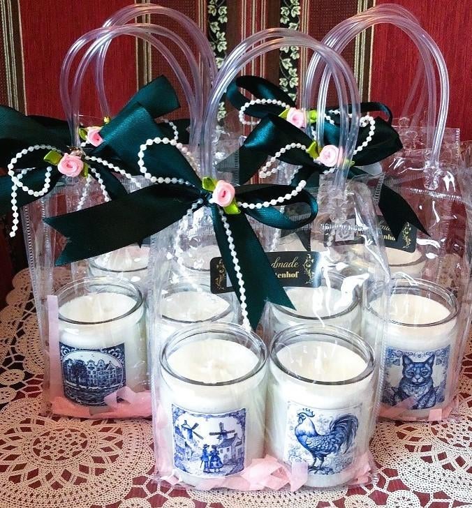 5x Set - giftset - cadeaus - kaarsen in glazen delfts blauw