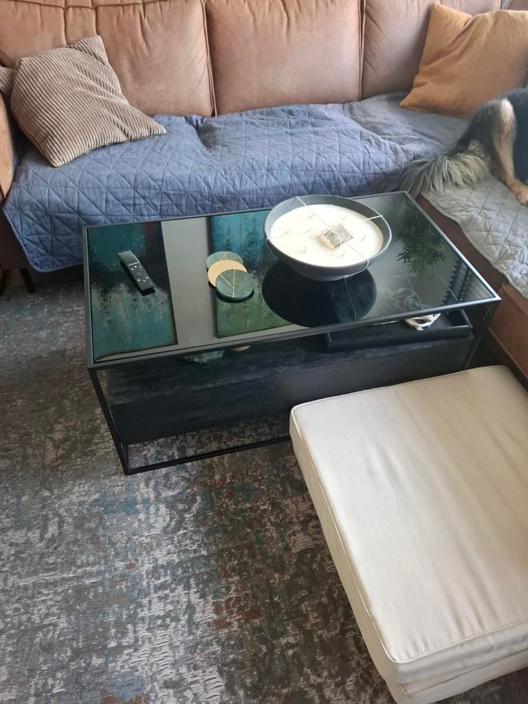 Salontafel, zwart, glazen plaat, Huis en Inrichting, Tafels | Salontafels, Ophalen, 100 tot 150 cm, 50 tot 100 cm, Zo goed als nieuw