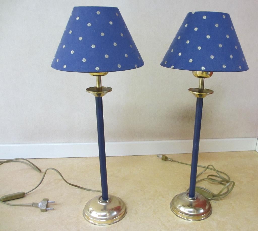 Vrolijk setje blauw met goud staande lampjes, Huis en Inrichting, Lampen | Tafellampen, Zo goed als nieuw, 50 tot 75 cm, Metaal
