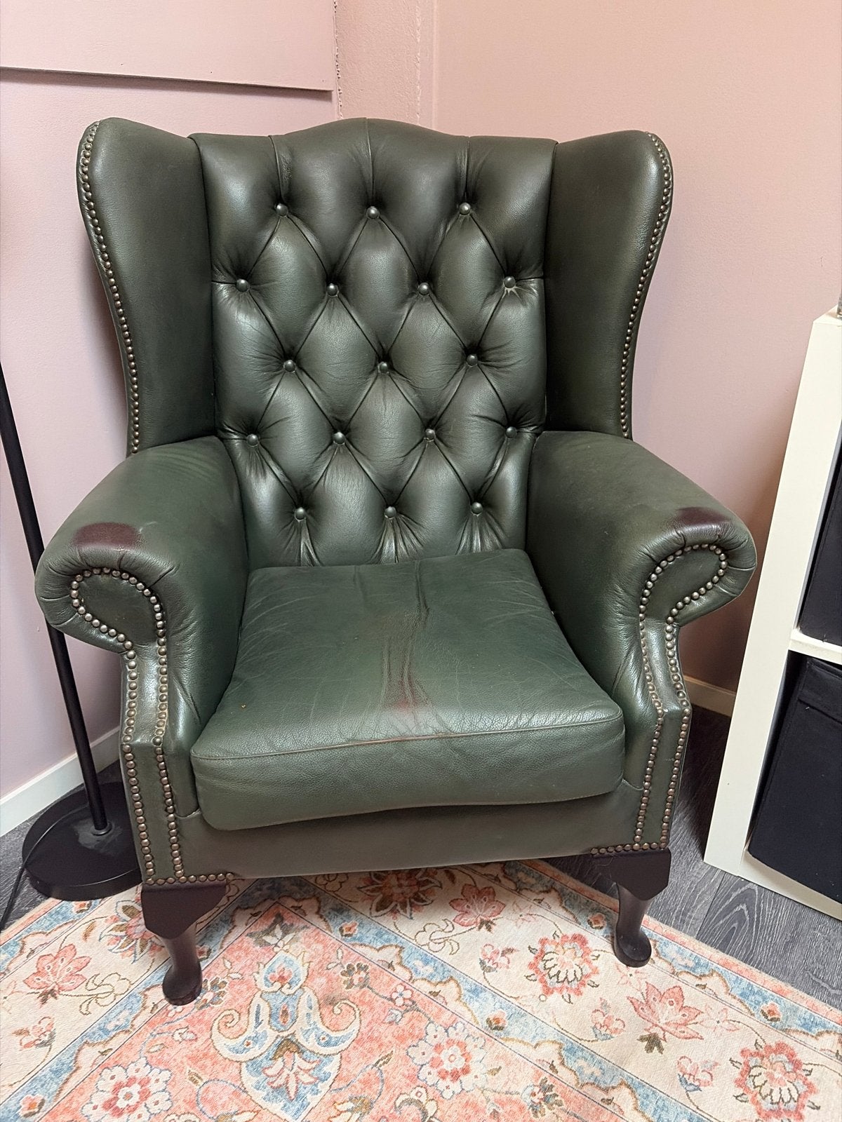 Vintage Chesterfield stijl fauteuil - Groen leer, Ophalen of Verzenden, Gebruikt, Leer, 75 tot 100 cm