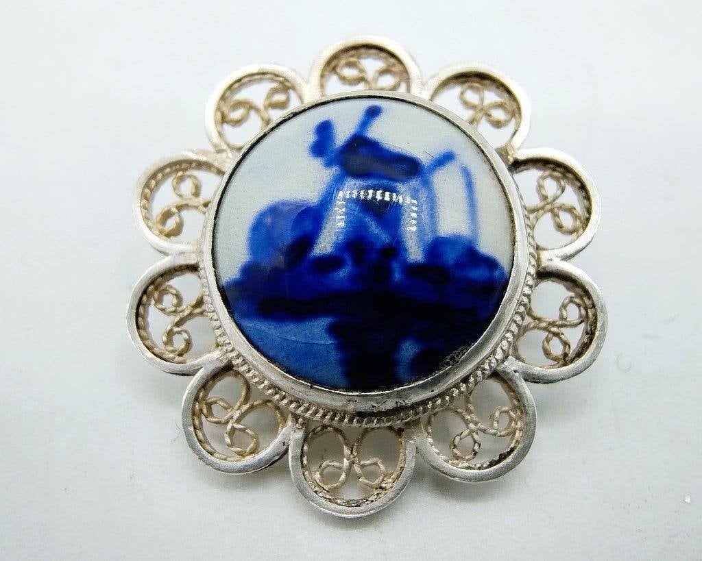 Authentieke Delfts blauwe zilveren broche, 835