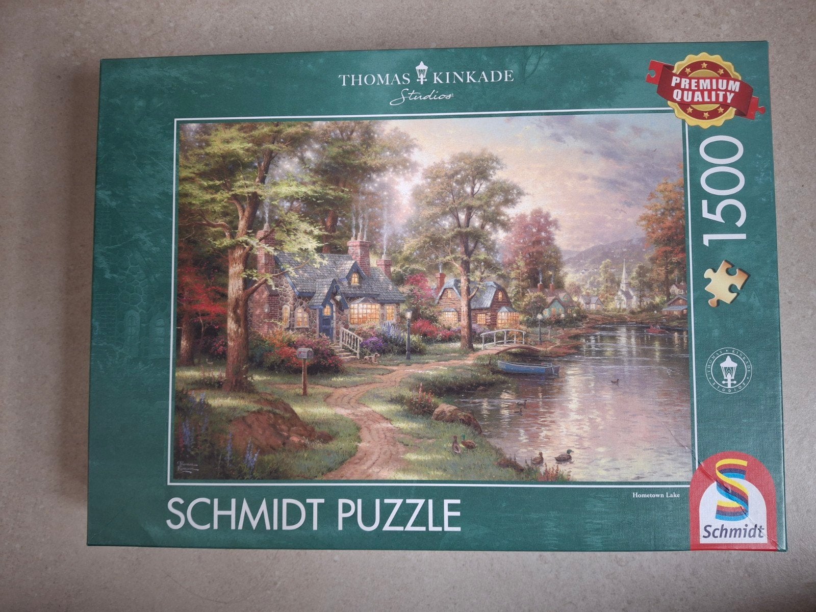 Schmidt Thomas Kinkade legpuzzel Hometown Lake, 1500, Ophalen of Verzenden, Meer dan 1500 stukjes, Gebruikt, Legpuzzel