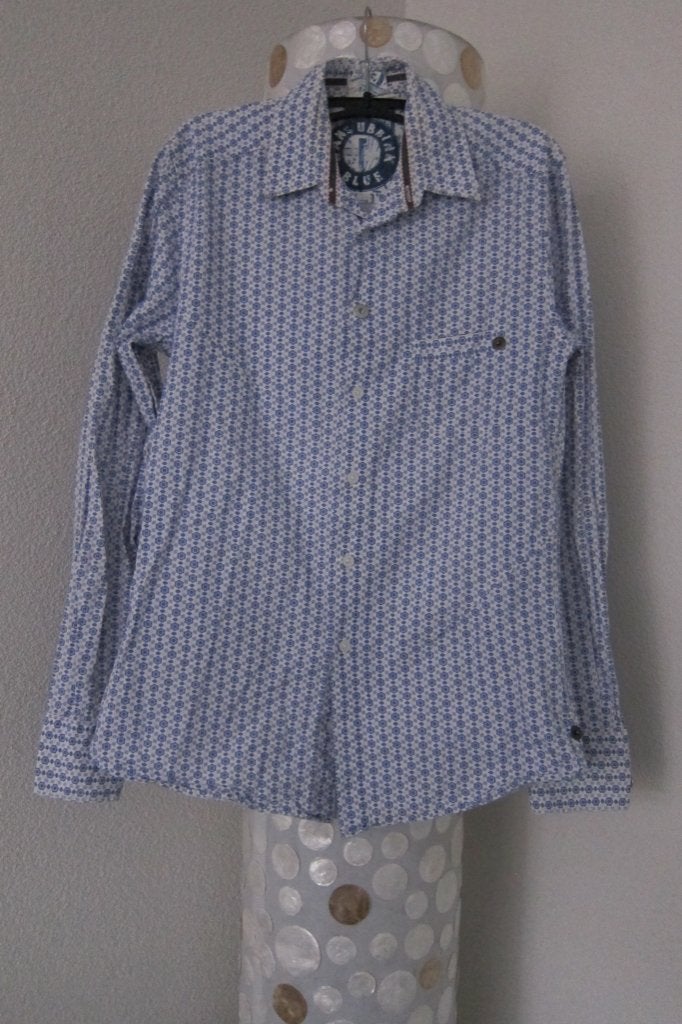 Hans ubbink overhemd blauw patronen maat s valt xs, Blauw, Halswijdte 38 (S) of kleiner, Hans Ubbink, Zo goed als nieuw