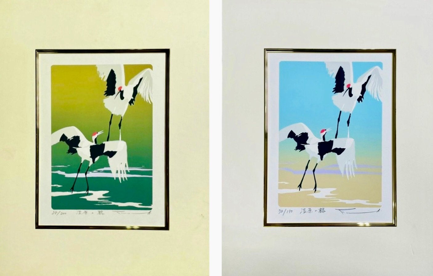 Cranes in the Marshland 32/150 Blue and 88/200 Green, Antiek en Kunst, Handgemaakt, Meerkleurig, Ophalen of Verzenden, 38 cm