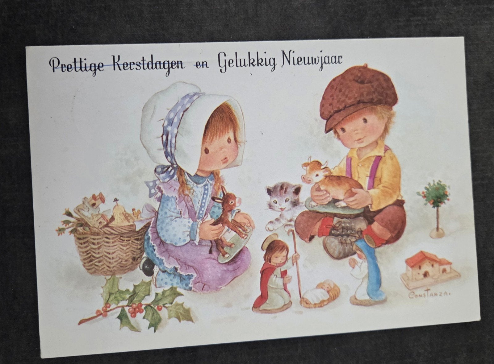 Vintage Kerstkaart - Kinderen spelen kerstverhaal, Verzenden, 1960 tot 1980, Gelopen, Feest(dag)