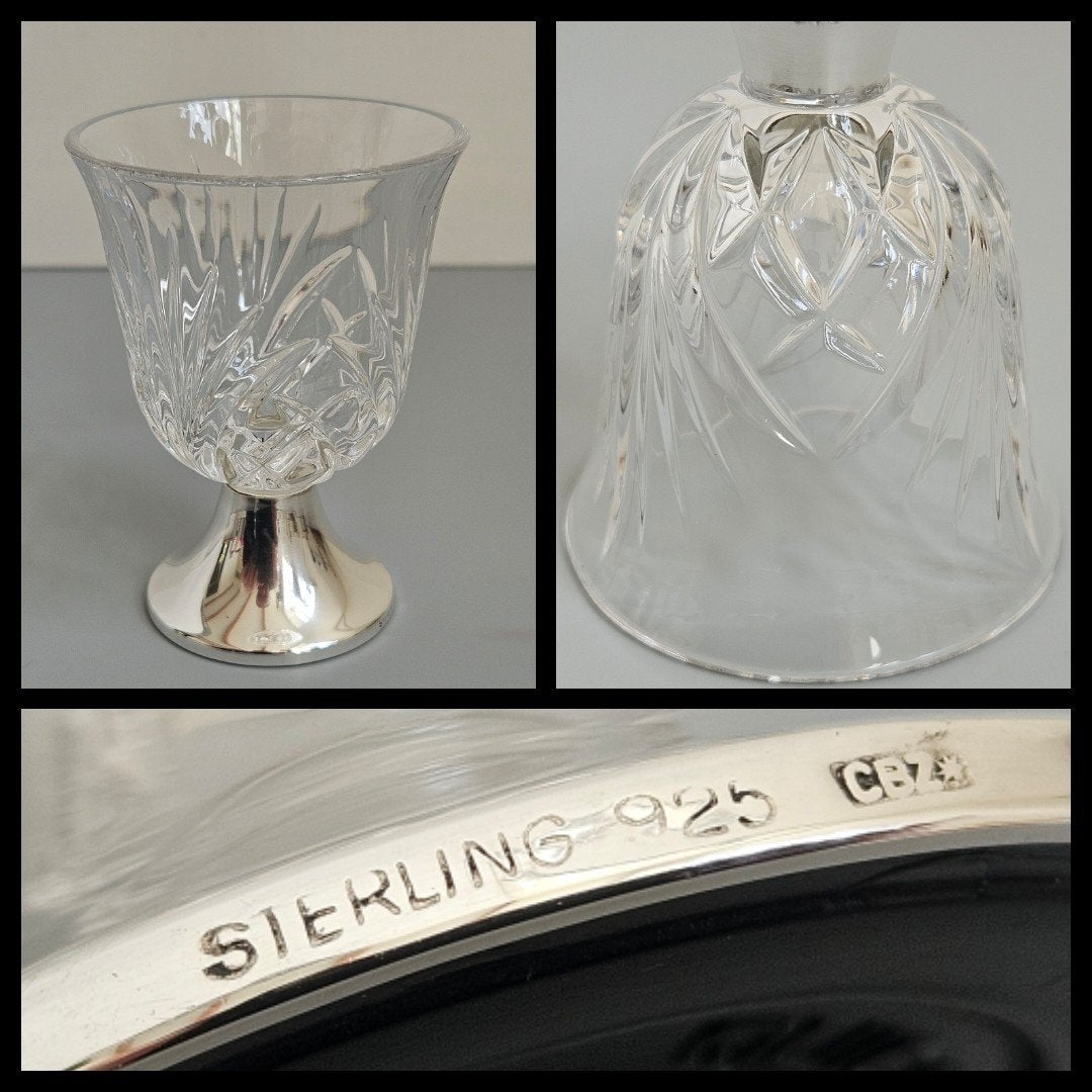 Sterling zilver,  geslepen borrelglaasje op zilveren voet, Antiek en Kunst, Ophalen of Verzenden, Zilver