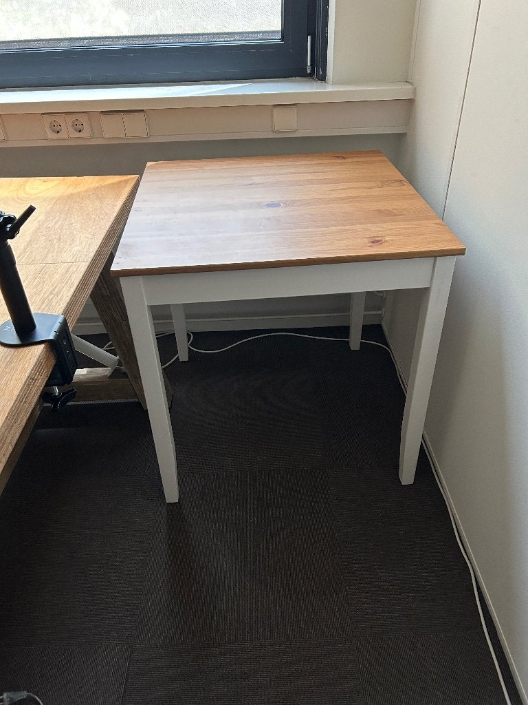 Eettafel wit onderstel en houtkleurig blad 80x80 cm, Huis en Inrichting, Ophalen, Gebruikt, 50 tot 100 cm, Vierkant