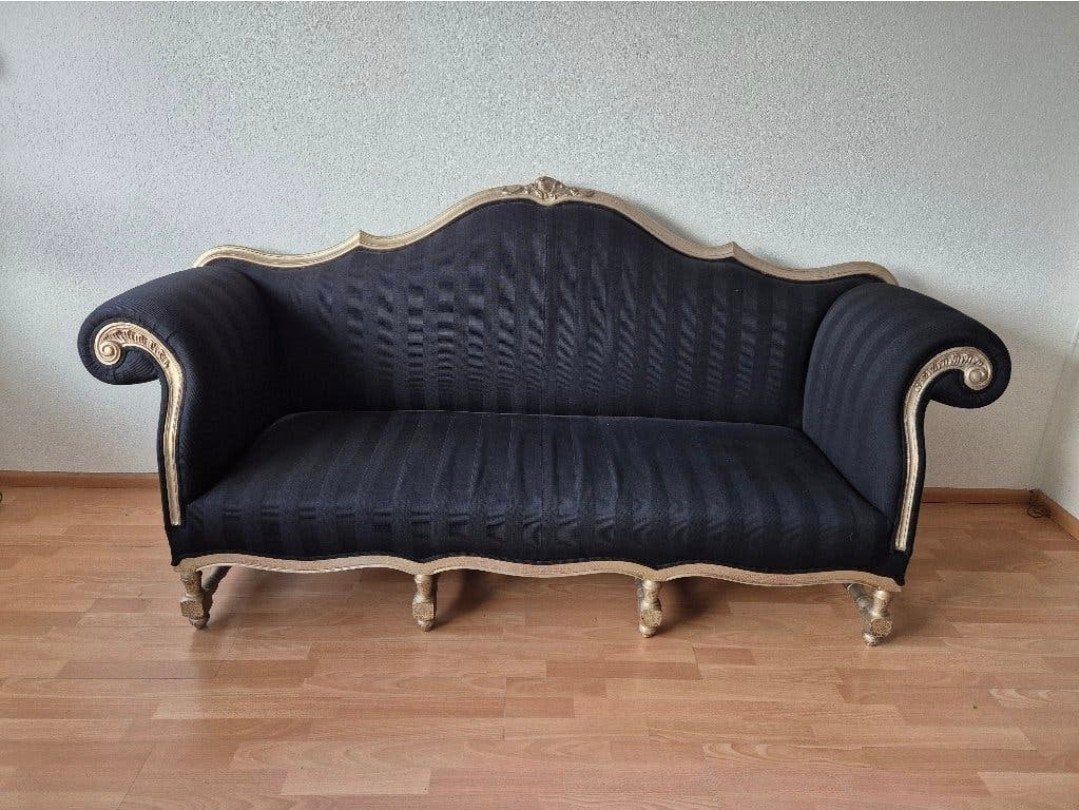 Antieke Barok Salonbank | Zwart/Goud | Unieke Blikvanger, Huis en Inrichting, Ophalen, Zwart, Tweepersoons, 140 cm