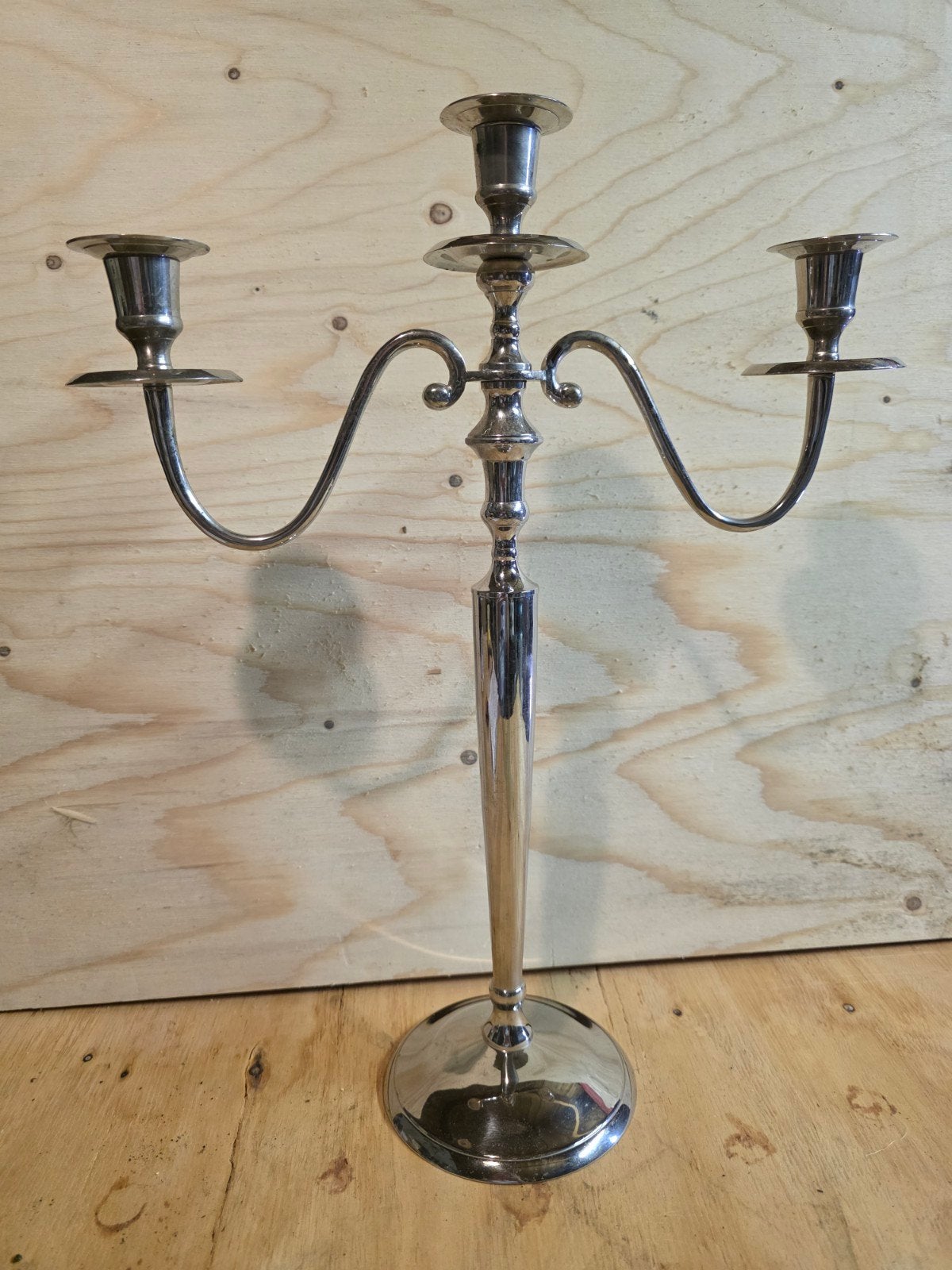Chromen 3-armige kandelaar, 44 cm hoog, 34,5 cm breed, Gebruikt, Overige merken, Ophalen of Verzenden, Metaal