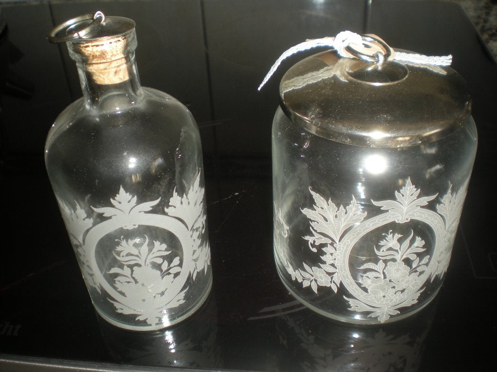 te koop mooie glazen kaptafel set met decoraties op het glas, Ophalen of Verzenden