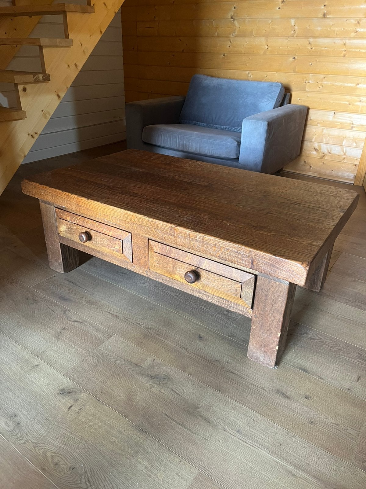 Robuust eiken salontafel met lades, Ophalen, Gebruikt, 100 tot 150 cm, Eikenhout