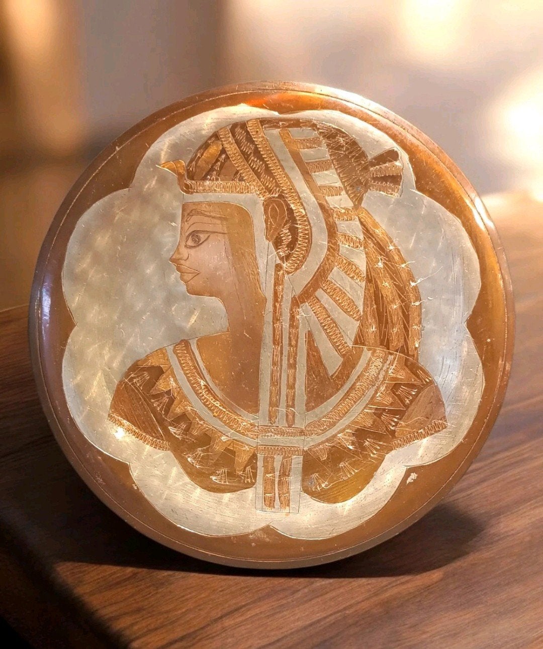 Koperkleurig metalen wandbord met Egyptisch motief, Ophalen of Verzenden