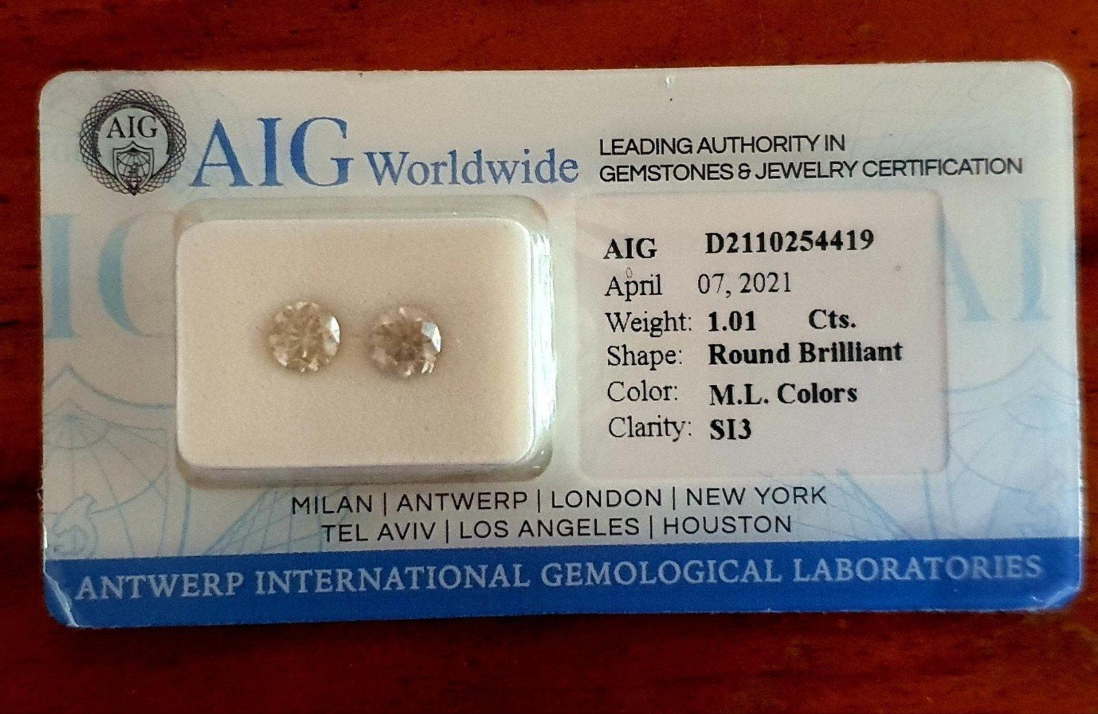 AIG Round Brilliant 1.01 kt, Ophalen of Verzenden, Nieuw