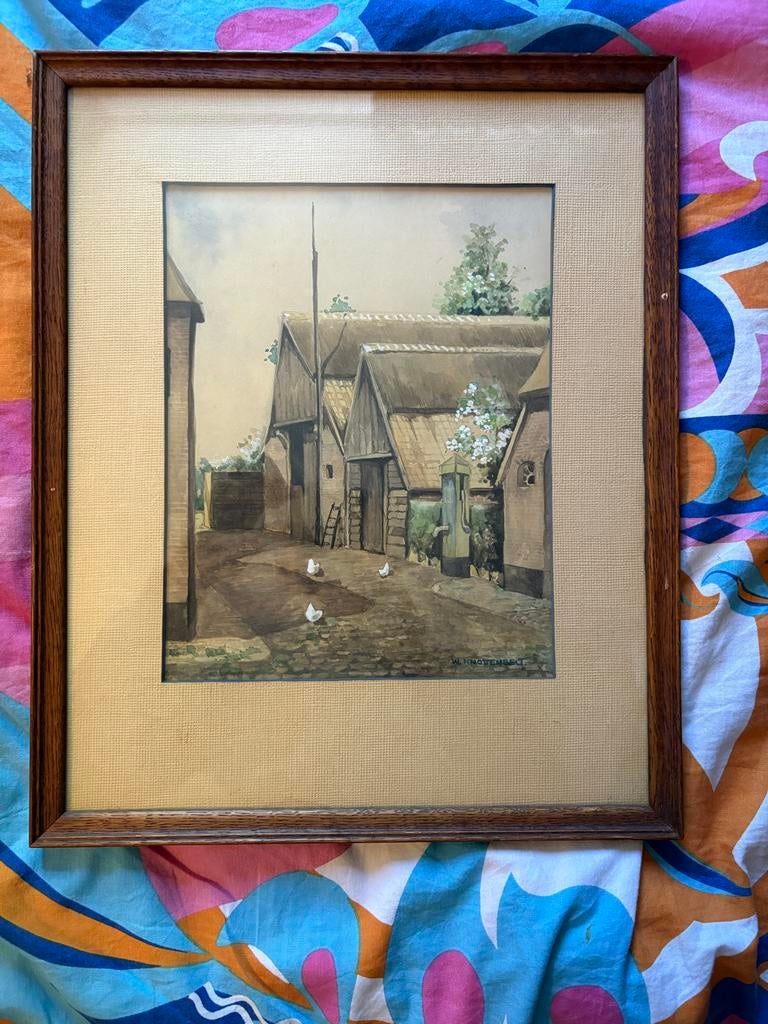 Schilderij M. Knottenbelt - Boerenerf met kippen (30x25cm), Ophalen of Verzenden