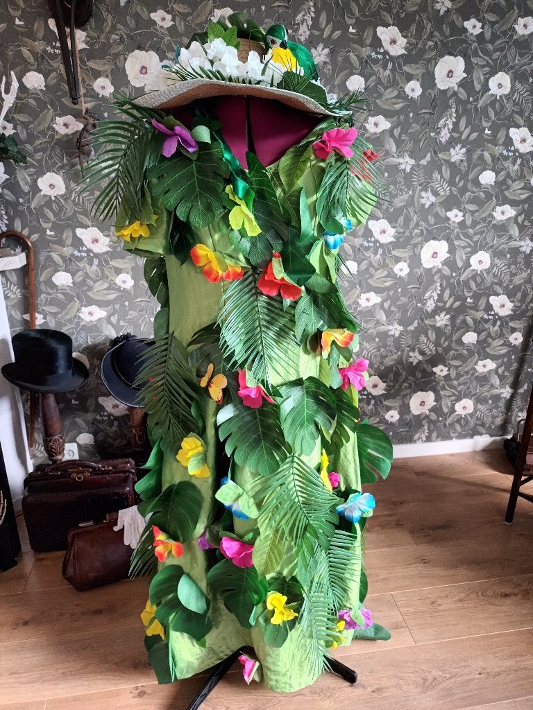 tropical jurk maat m/l papagai hoed bladeren taft bloemen, Maat 38/40 (M), Carnaval, Ophalen of Verzenden, Zo goed als nieuw