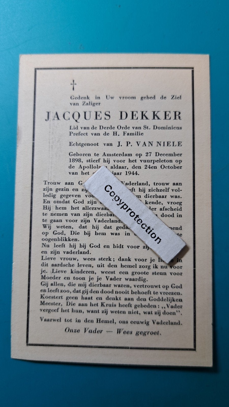 Jacques Dekker, Amsterdam 1998, +1944, oorlog, Verzenden, Bidprentje