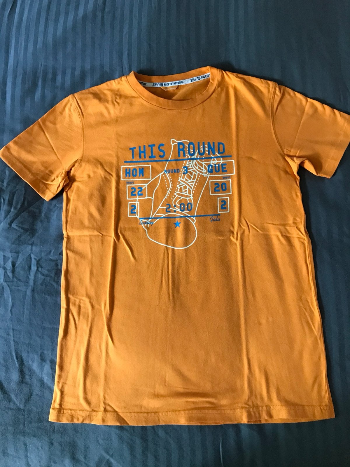 Oranje Hema T-shirt maat 164 met print, Ophalen of Verzenden, Gebruikt, Jongen of Meisje, Shirt of Longsleeve