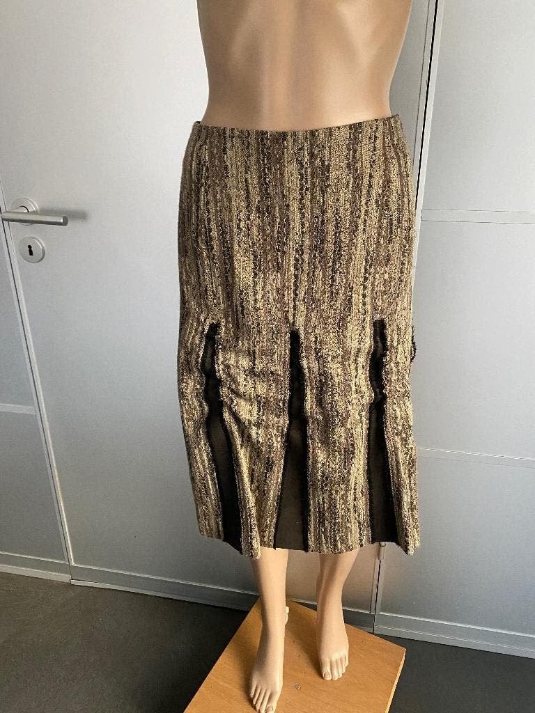 K140 Onimo maat 36=S exclusieve wollen rok beige/bruin/zwart, Onimo, Bruin, Ophalen of Verzenden, Zo goed als nieuw