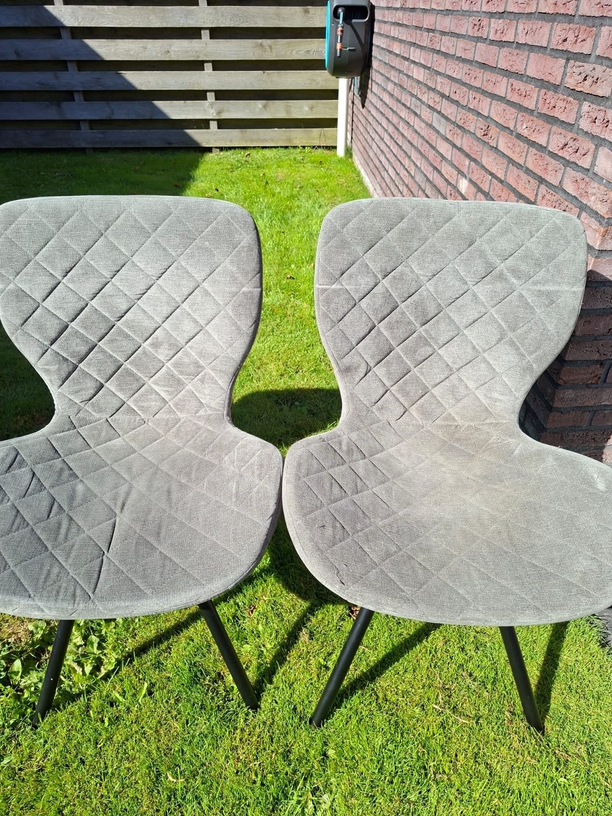 Set van 4 grijze eetkamerstoelen met ruitpatroon, Ophalen, Gebruikt, Vijf, Zes of meer stoelen, Stof