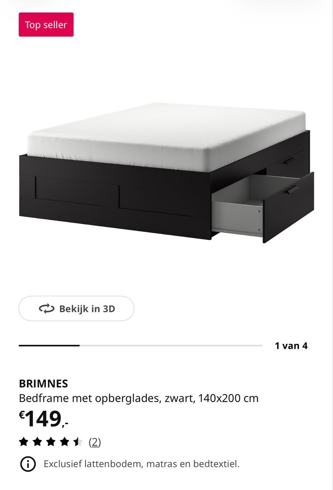 BRIMNES Bedframe met opberglades, zwart, 140x200 cm, Ophalen, Overige materialen, Zwart, 140 cm