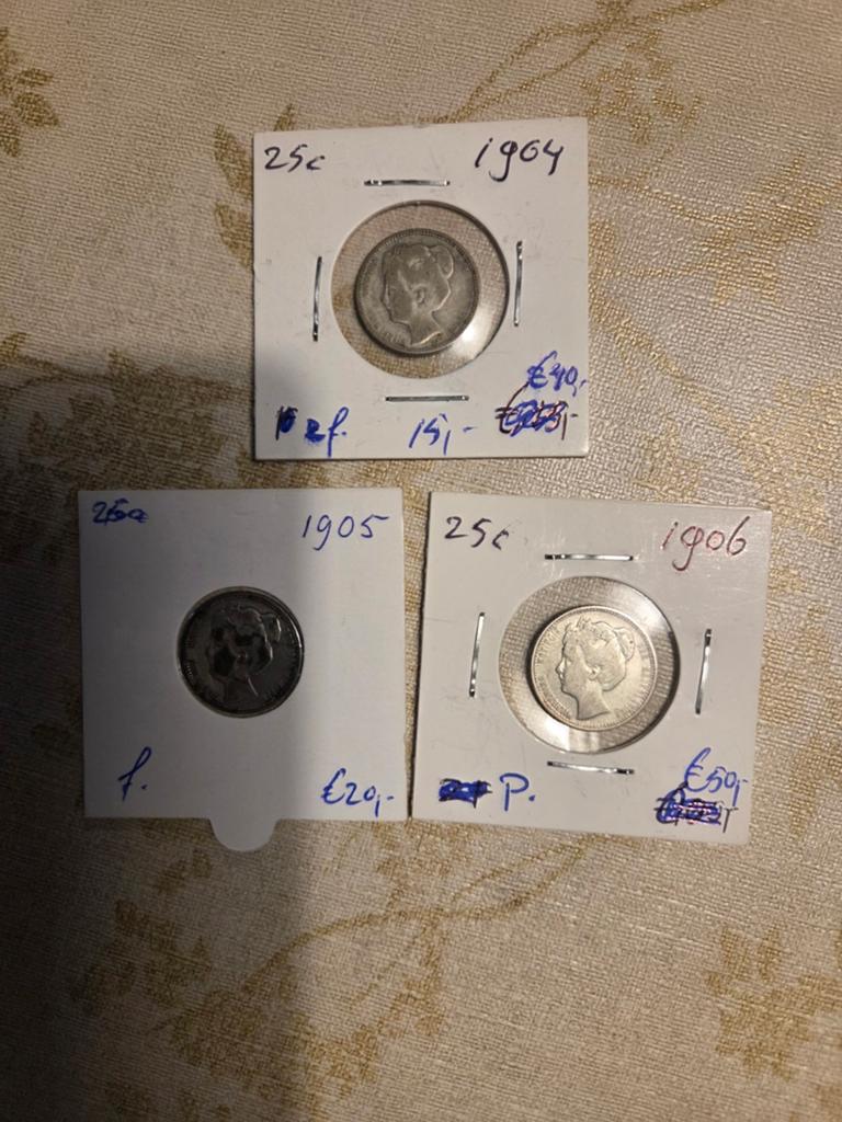 3 zilveren kwartjes Koningin Wilhelmina (1904, 1905,, Ophalen of Verzenden, Koningin Wilhelmina, 25 cent, Zilver