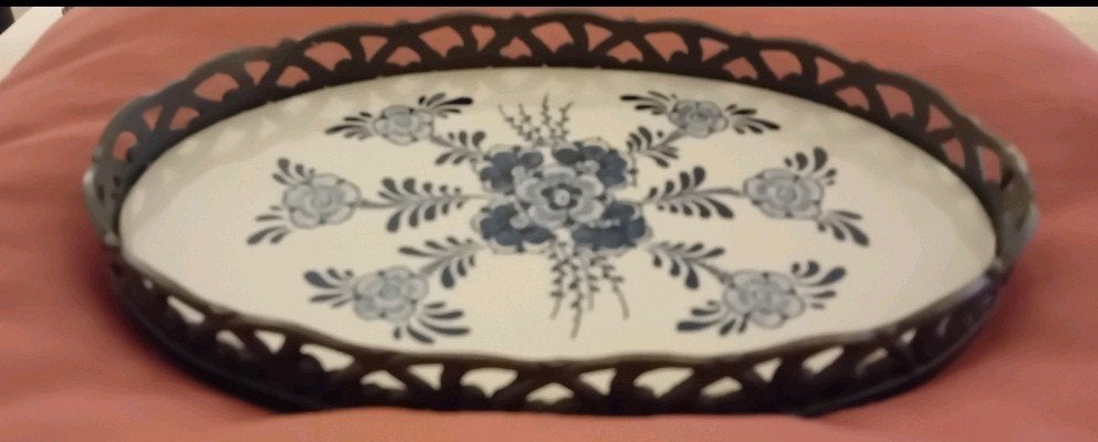 Vintage Tinnen Dienblad met Delfts Blauw Decoratie, Met afbeelding/tekst, Gebruikt, Ophalen of Verzenden, Dienblad